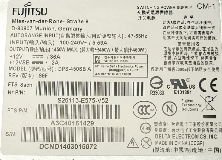 New Fujitsu Swtiching Server Power Supply 450W DPS-450SB A S26113-E575-V52