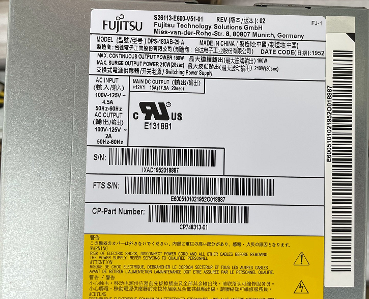 New Fujitsu Power Supply 180W S26113-E600-V51 DPS-180AN-29 A