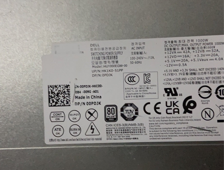 New Dell Alienware Area-51 R2 R5 R8 R9 T3630 1000W Power Supply HU1000EGM-00 0PDJK - LaptopParts.ca