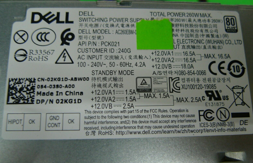 New Dell Optiplex 7080 MT AC260EBM-01 260W Power Supply 2KG1D 02KG1D - LaptopParts.ca