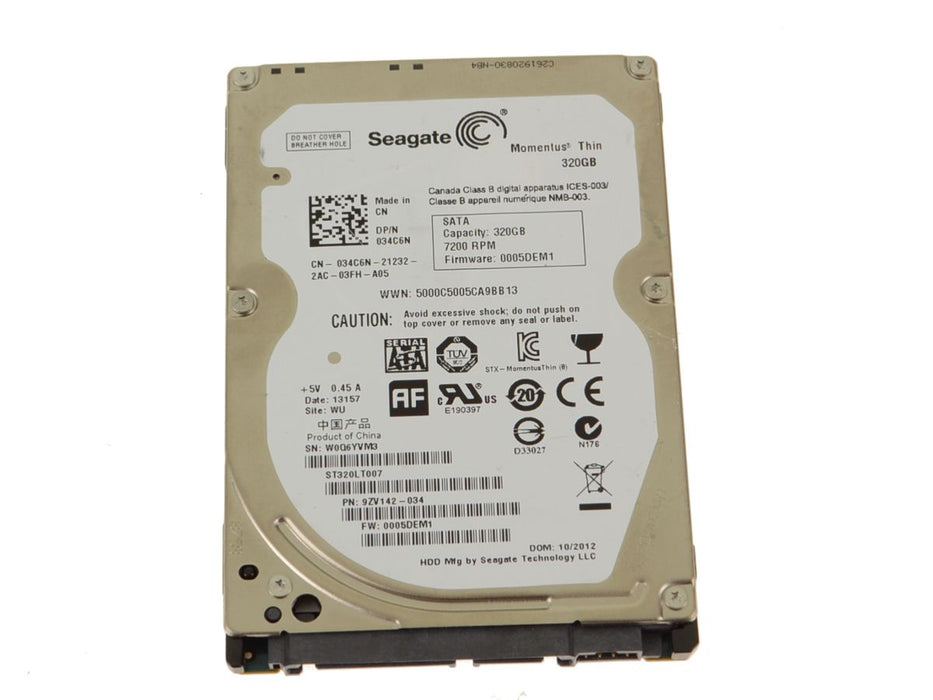 Used Seagate Momentus Thin HDD 320GB 7200 RPM SATA Laptop Hard Drive 7mm 34C6N