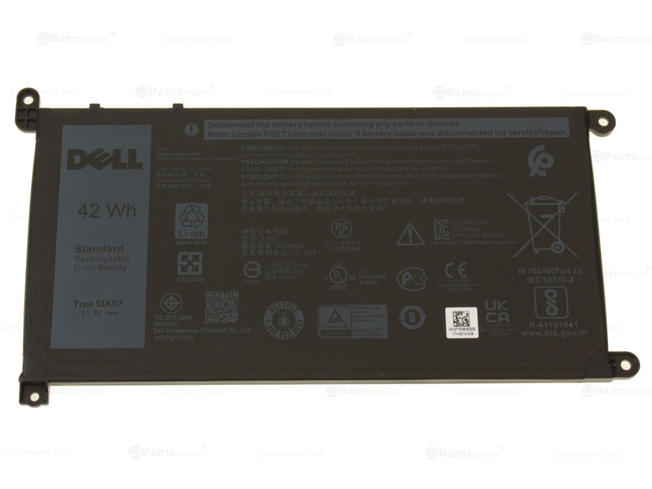 New Dell OEM Genuine Chromebook 11 (3180 / 3181 / 3189 / 3400) 42Wh 3-cell Laptop Battery - Long Cable - 51KD7