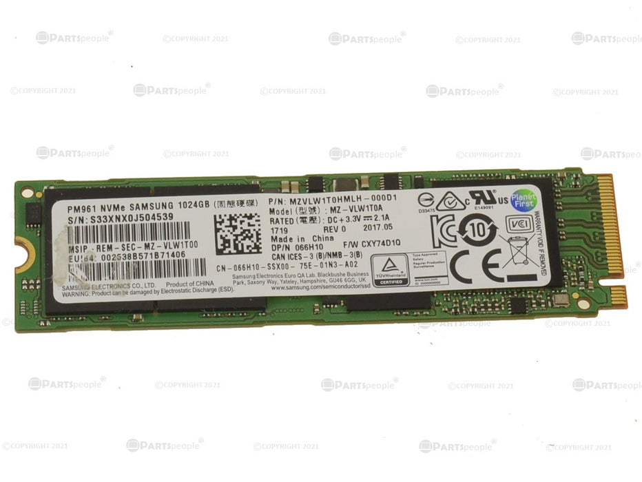 Used Samsung 1TB NVMe PCIE SSD Hard Drive M.2 2280 Card 1TB PM961 66H10