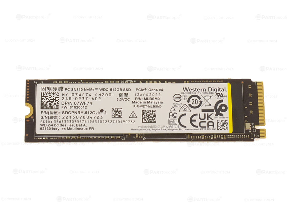 Used Western Digital SN810 512GB NVMe PCIE SSD Hard Drive M.2 2280 Card Gen4 x4 512GB 7WF74