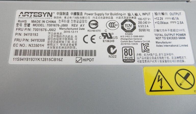 New IBM X3550 M4 94Y8193 7001676-J002 94Y8308 HOT SWAP Power Supply 550W