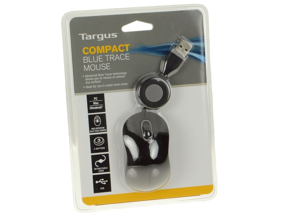 New  Targus Compact Blue Trace 3-Button Wired Scroll Mouse