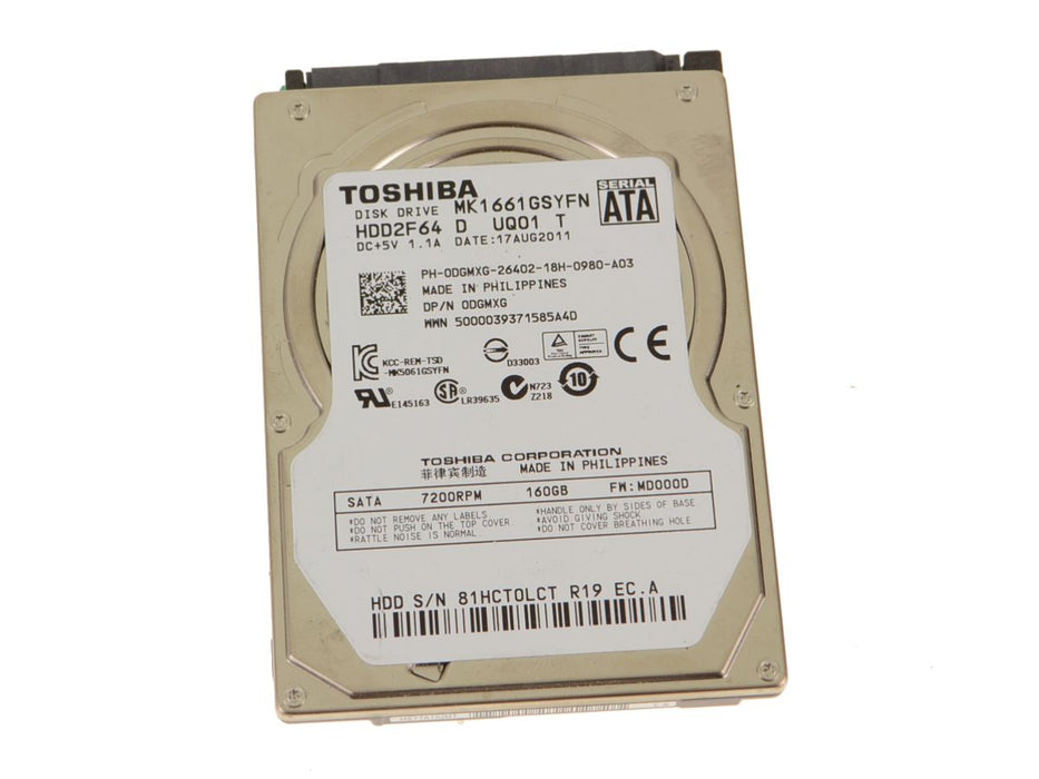 Used Toshiba 160gb 16MB Cache SATA II 7200RPM Laptop Hard Drive 9.5mm DGMXG