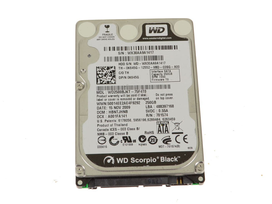 Used Western Digital Black 250gb SATA Laptop Hard Drive 3Gb/s 7200rpm K645G