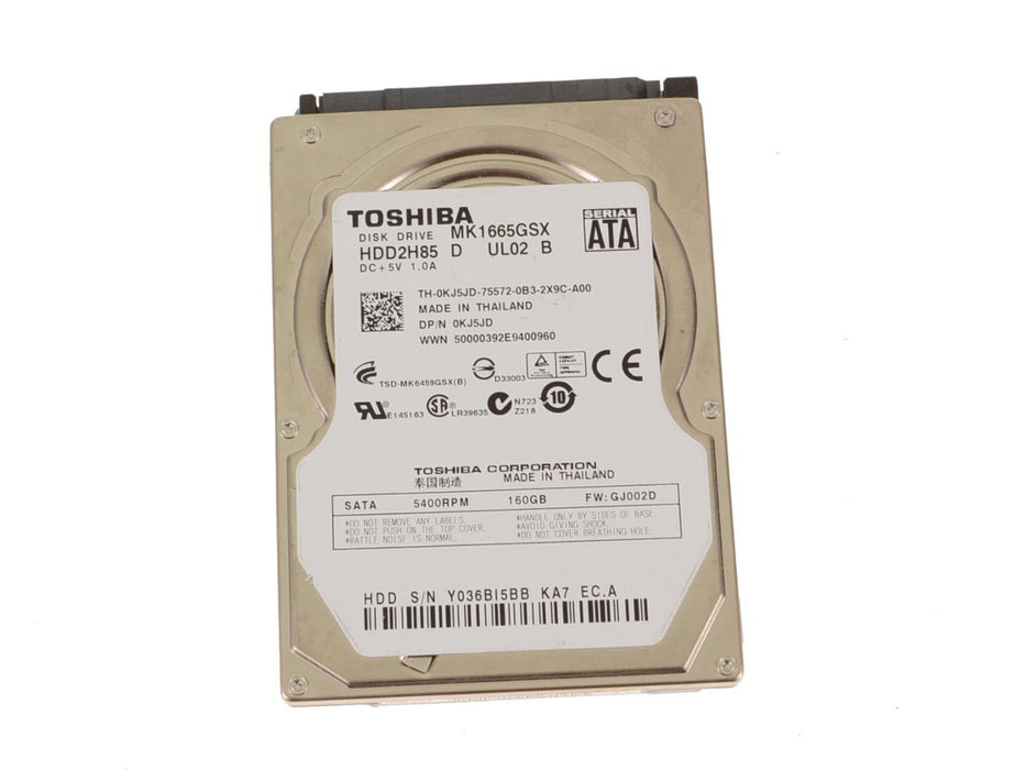 Used Toshiba 160gb 8MB Cache SATA II 5400RPM Laptop Hard Drive 9.5mm KJ5JD