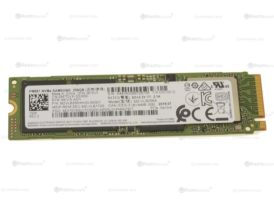 Used Samsung 256GB NVMe PCIE SSD Hard Drive M.2 2280 Card 256GB PM981 M7DVX