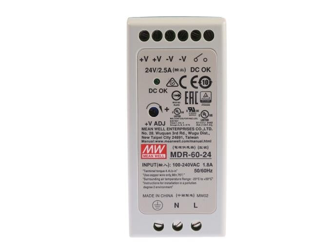 New MEAN WELL SERIES 60 W SINGLE OUTPUT 24 V AC/DC INDUSTRIAL DIN RAIL POWER SUPPLY MDR-60-24