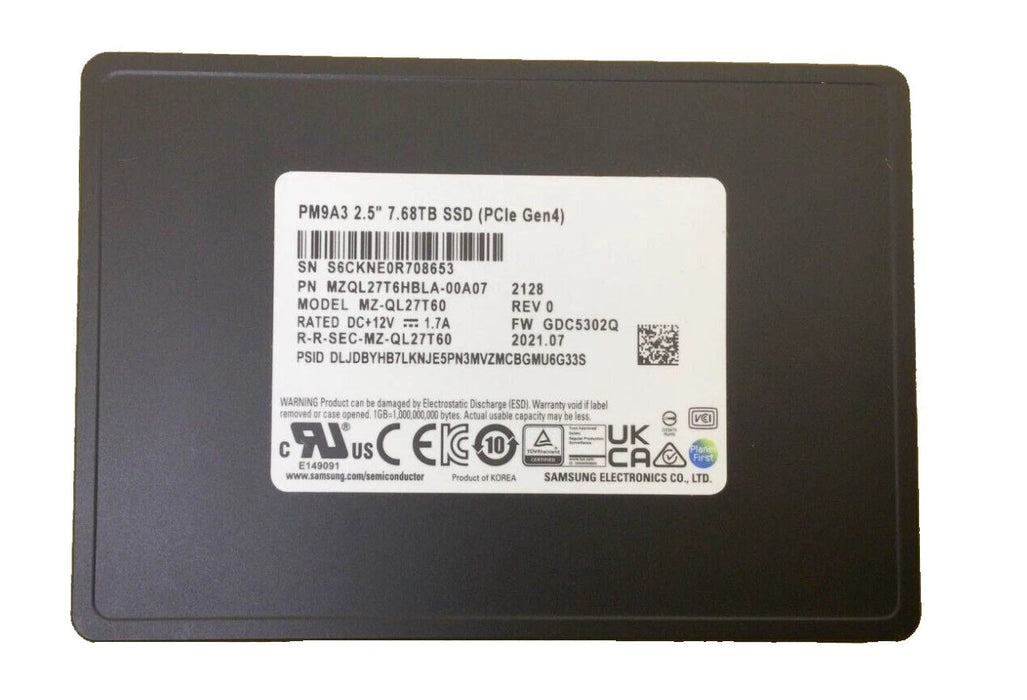 New Samsung MZQL27T6HBLA-00A07 PM9A3 7.6TB NVMe PCIe4x4 U.2 7mm SED SSD