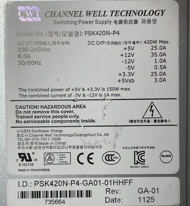 New CWT Well Technology AC Switching Power Supply 420W Channel PSK420N-P4