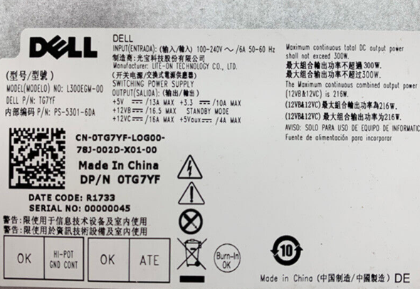 New Dell Precision 3630 Tower L300EGM-00 300 Watt Power Supply TG7YF 0TG7YF - LaptopParts.ca
