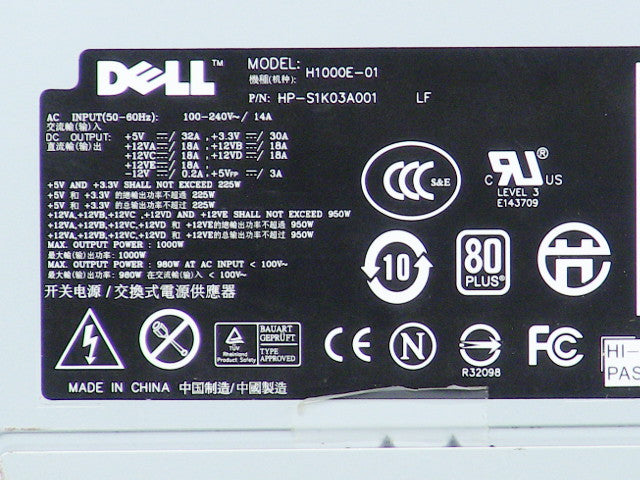 Dell OEM XPS 730 / 730x/ Alienware Area 51 Desktop 1000W Power Supply - U662D