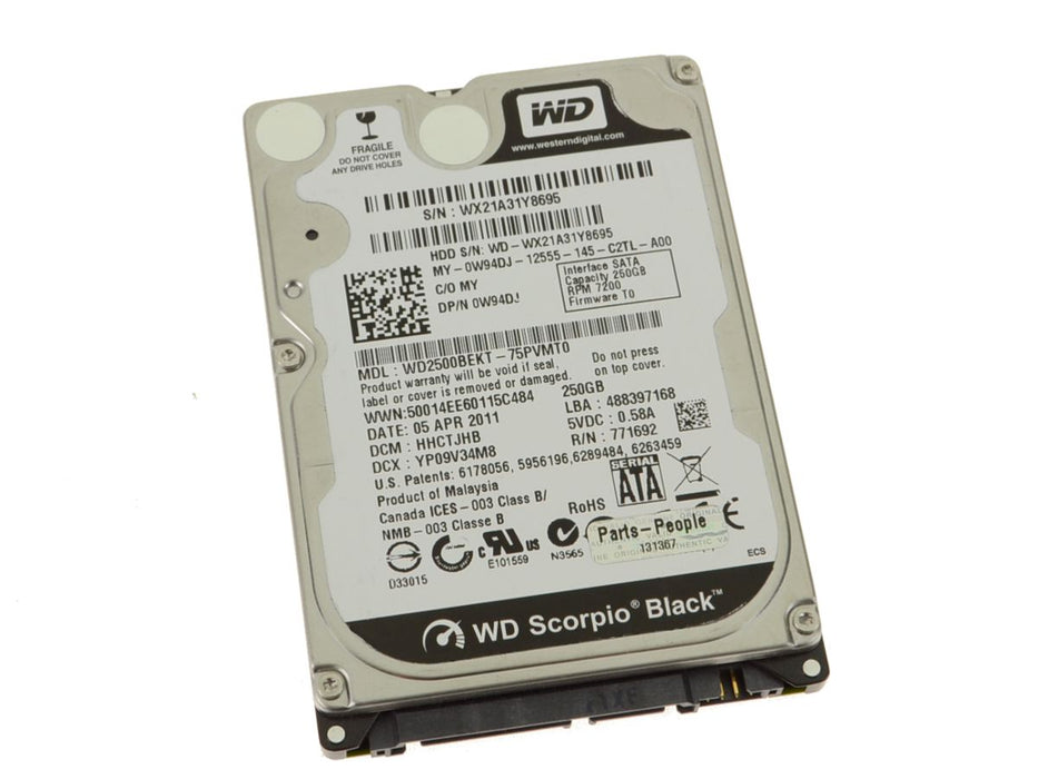 Used Western Digital Scorpio Black 250gb SATA Laptop Hard Drive 3Gb/s 7200rpm 9.5mm W94DJ