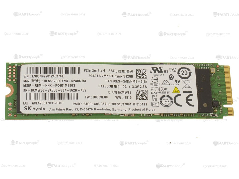 Used SK Hynix 512GB NVMe PCIE SSD Hard Drive M.2 2280 Card 512GB PC401 XMW6J