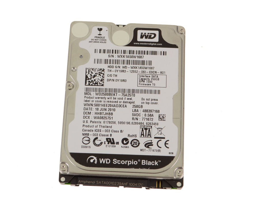 Used Western Digital 250gb SATA Laptop Hard Drive 3Gb/s 7200rpm Y19R3