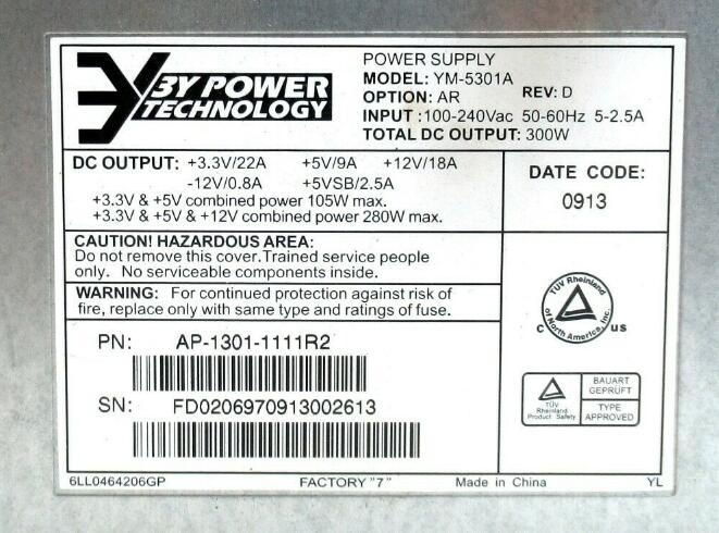 New 3Y Power Technology Server Power Supply PSU 300W 20 Pin YM-5301A