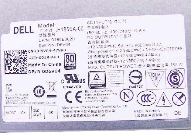 New Dell Inspiron 23 (5348) / Optiplex 9030 All-In-One 185W Power Supply D6V04 0D6V04 - LaptopParts.ca