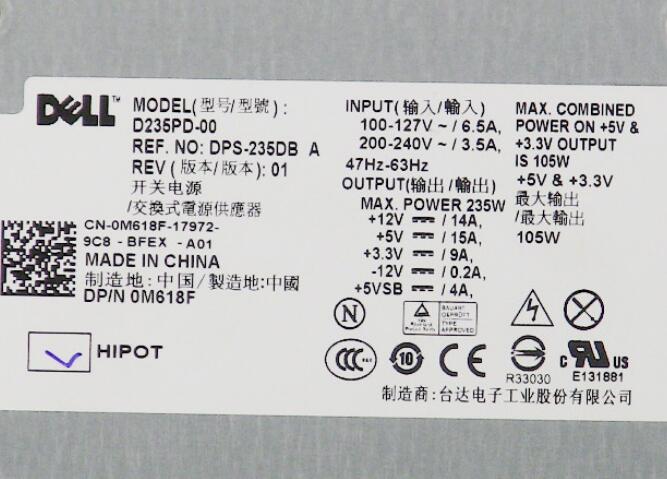 New Dell DT Desktop Power Supply 235W M618F 0M618F