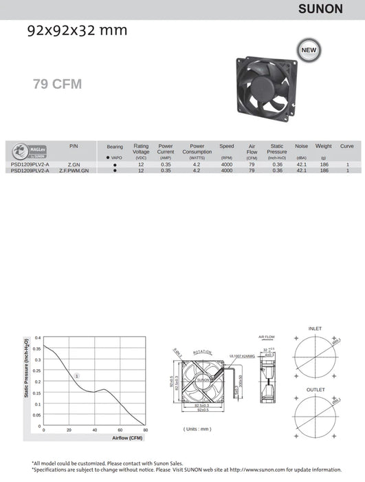 New Sunon PSD1209PLV2-A F.GN MagLev Fan 92x92x32mm 12VDC 79 CFM Medium Speed 4-Wire KMCW0-X01 WC236-AOO - LaptopParts.ca
