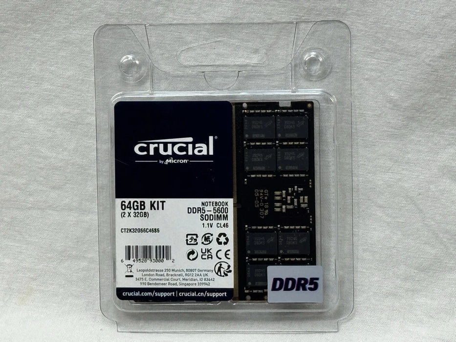 New Crucial 64GB Kit (2x 32GB) DDR5 5600 PC5-44800 Laptop Memory CT2K32G56C46S5