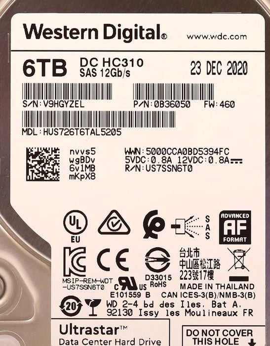 Western Digital HUS726T6TAL5205 6TB 3.5" 12Gb/s 256MB 7.2K RPM SAS Hard Drive 0B36050