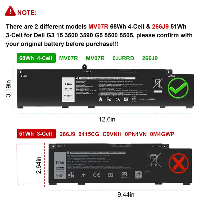 New Compatible Dell G3 15 3500 3590 G5 5500 5505 68Wh Battery MVO7R JJRRD W5W19