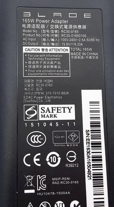 New Genuine Razer Blade Pro RZ09-0220 RZ09-0195 AC Charger Adapter Power Cord 165W RC30-0165 - LaptopParts.ca