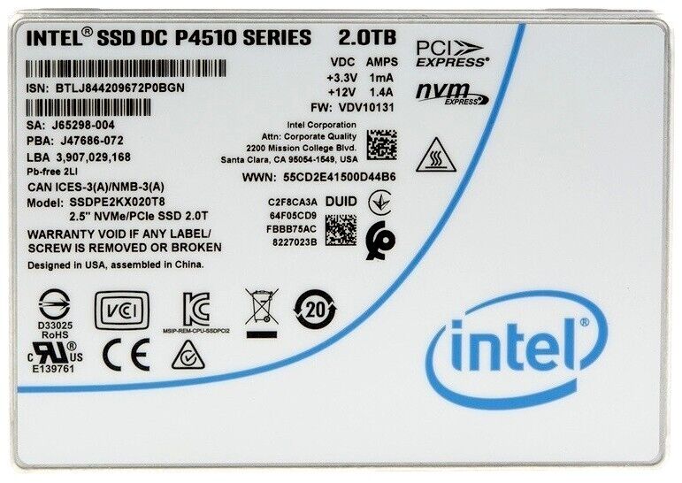 New Intel P4510 2TB PCIe Gen3 x4 NVMe U.2 2.5" Enterprise SSD SSDPE2KX020T801