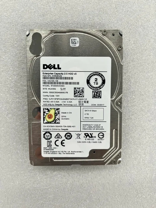 New Dell CK3MN 0CK3MN 2TB 7.2K SATA 2.5" 128MB 6Gbps Hard Drive ST2000NX0403