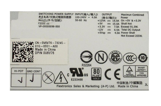 New Dell OPTIPLEX 760 780 960 980 DT Power Supply 255W F255E-01 V6V76 0V6V76 CN-0V6V76 - LaptopParts.ca