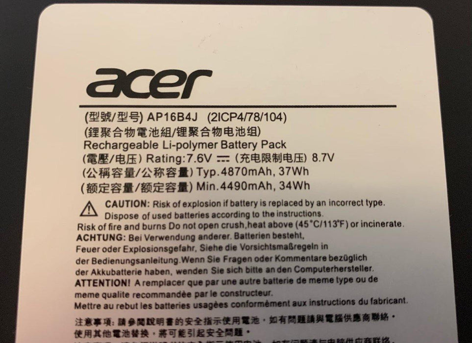 New Genuine Acer AP16B4J KT.00204.003 KT.00204.005 2ICP4/78/104 NT.LCDEK.002 NT.LCDAA.014 Tablet Battery 37Wh
